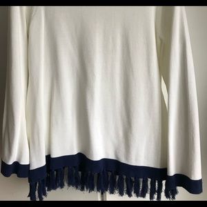 Sail to Sable white sweater with navy tassel detail